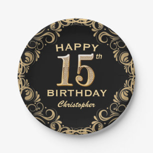 15th Birthday Party Black and Gold Glitter Frame Paper Plate