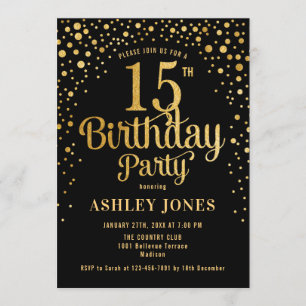 15th Birthday Party - Black & Gold Invitation