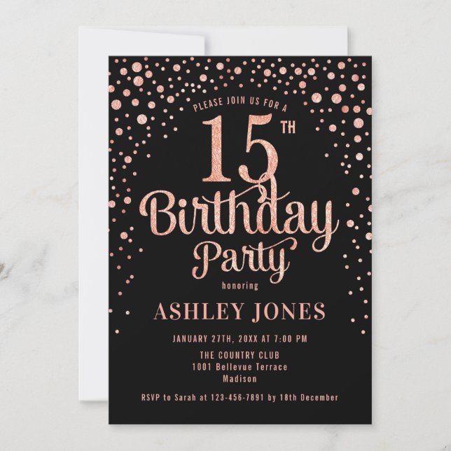 15th Birthday Party - Black & Rose Gold Invitation (Front)