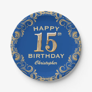 15th Birthday Party Blue and Gold Glitter Frame Paper Plate