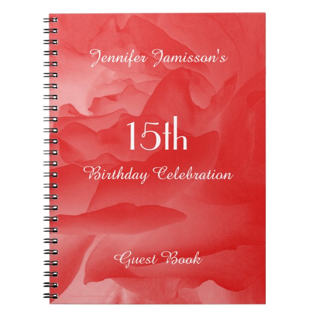 15th Birthday Party Guest Book, Coral Pink Rose  Notebook (Front)