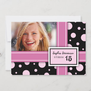 15th Birthday Party Invitation Pink Black Dots