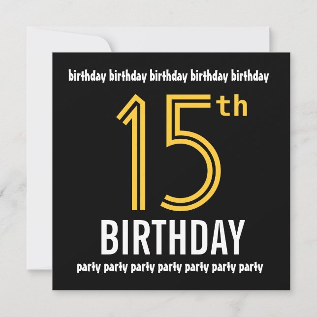 15th Birthday Party Modern Gold and Black Invitation (Front)