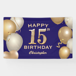 15th Birthday Party Navy Blue and Gold Balloons Banner