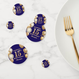 15th Birthday Party Navy Blue and Gold Balloons Confetti