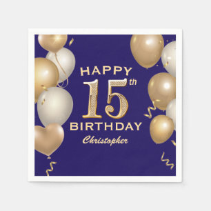 15th Birthday Party Navy Blue and Gold Balloons Napkin