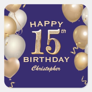 15th Birthday Party Navy Blue and Gold Balloons Square Sticker
