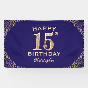 15th Birthday Party Navy Blue and Gold Glitter Banner