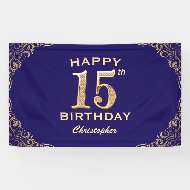 15th Birthday Party Navy Blue and Gold Glitter Banner (Horizontal)