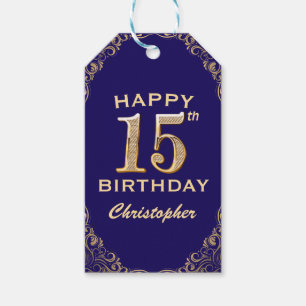 15th Birthday Party Navy Blue and Gold Glitter Gift Tags