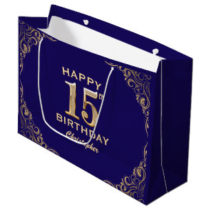 15th Birthday Party Navy Blue and Gold Glitter Large Gift Bag