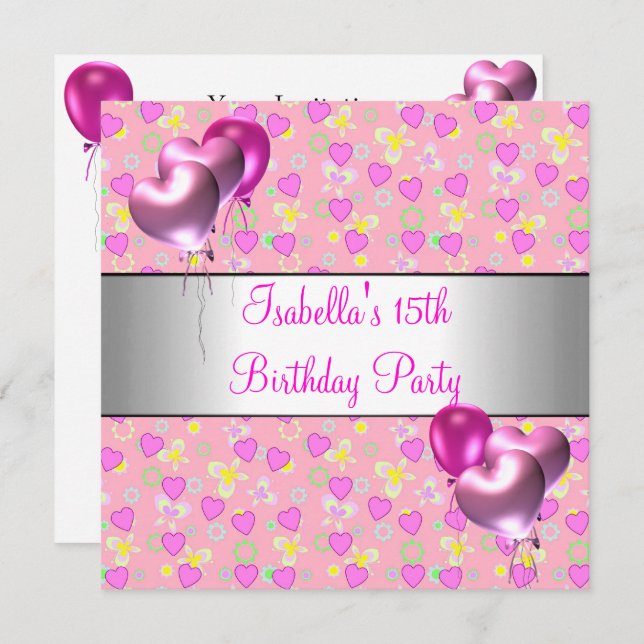 15th Birthday Party Pink Hearts Silver Balloons Invitation (Front/Back)