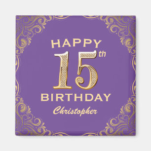 15th Birthday Party Purple and Gold Glitter Frame Magnet