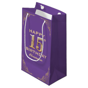 15th Birthday Party Purple and Gold Glitter Frame Small Gift Bag