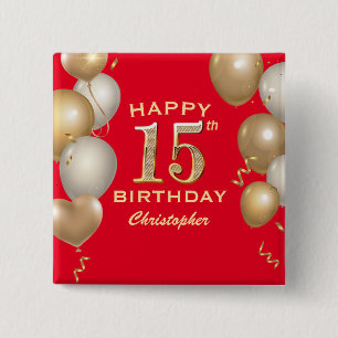 15th Birthday Party Red and Gold Balloons 15 Cm Square Badge
