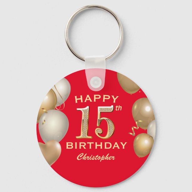 15th Birthday Party Red and Gold Balloons Key Ring (Front)