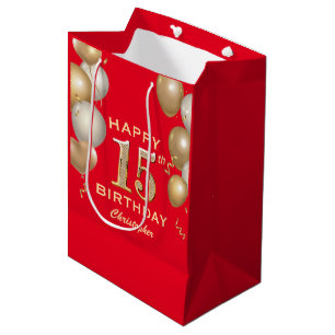 15th Birthday Party Red and Gold Balloons Medium Gift Bag