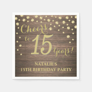 15th Birthday Party Rustic Wood and Gold Diamond Napkin