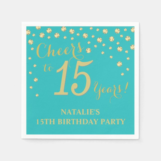 15th Birthday Party Teal and Gold Diamond Napkins (Front)