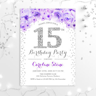 15th Birthday Party - White Silver Purple Invitation