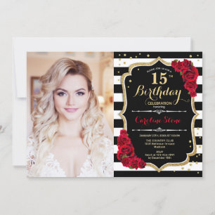 15th Birthday Party With Photo - Red Gold Black Invitation