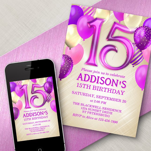 15th Birthday Pink Balloons Invitation (Creator Uploaded)