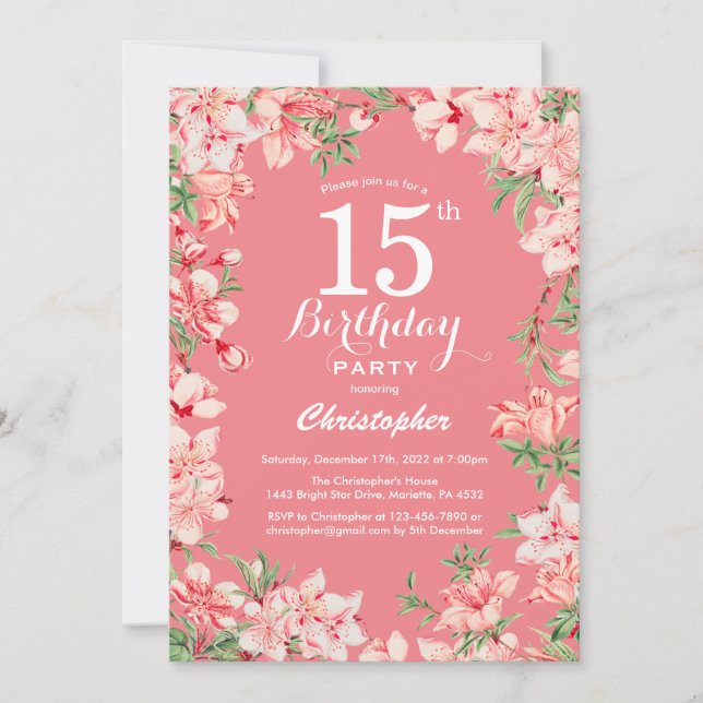 15th Birthday Pink Boho Botanical Floral Flowers Invitation (Front)
