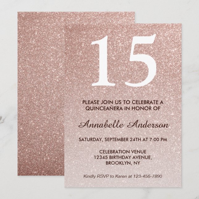 15th Birthday Pink Rose Gold Glitter Quinceañera Invitation (Front/Back)