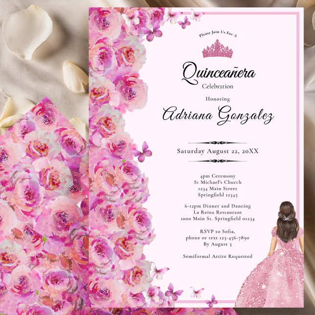15th birthday Pink Roses and Dress Quinceanera Invitation (Creator Uploaded)