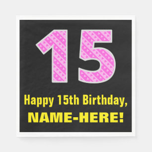 15th Birthday: Pink Stripes and Hearts "15" + Name Napkin