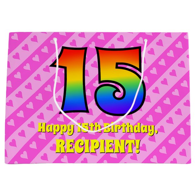 15th Birthday: Pink Stripes & Hearts, Rainbow # 15 Large Gift Bag (Front)