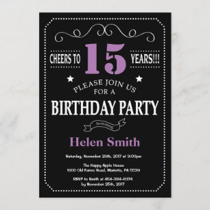 15th Birthday Purple and Black Chalkboard Invitation