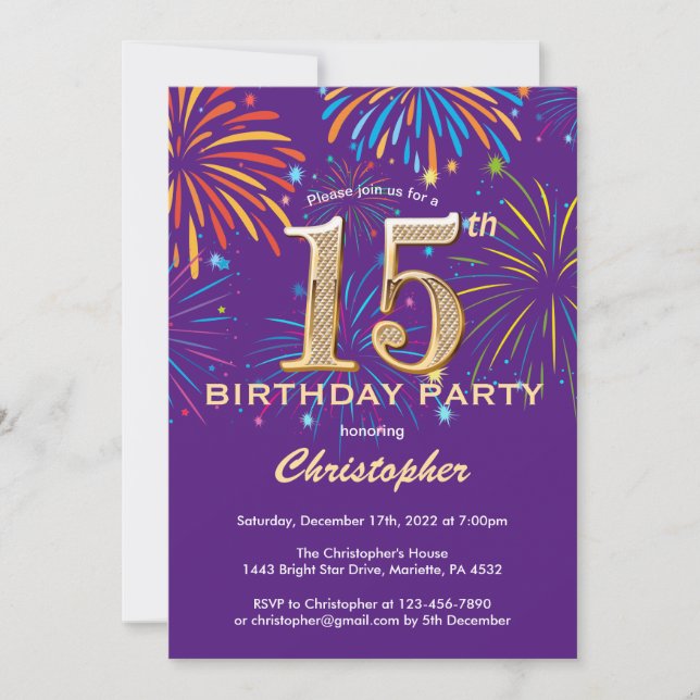 15th Birthday Purple and Gold Rainbow Fireworks Invitation (Front)