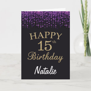 15th Birthday Purple Black and Gold Glitter Card