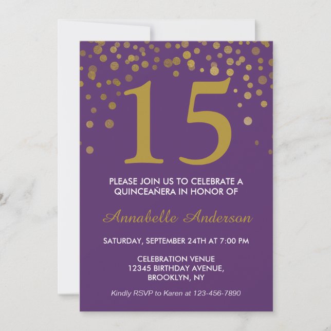 15th Birthday Purple Gold Dots Quinceañera Invitation (Front)