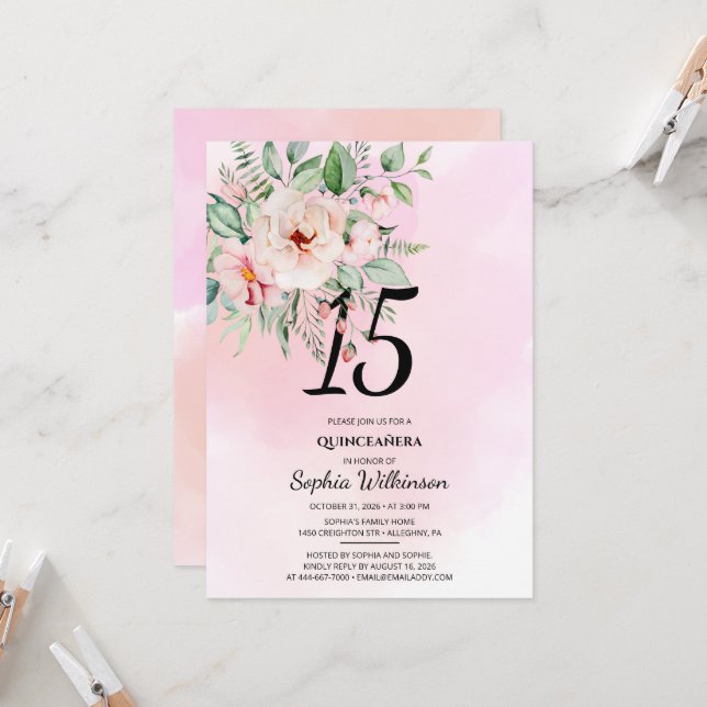 15th Birthday Quinceanera Rustic Floral Watercolor Invitation (Front/Back In Situ)