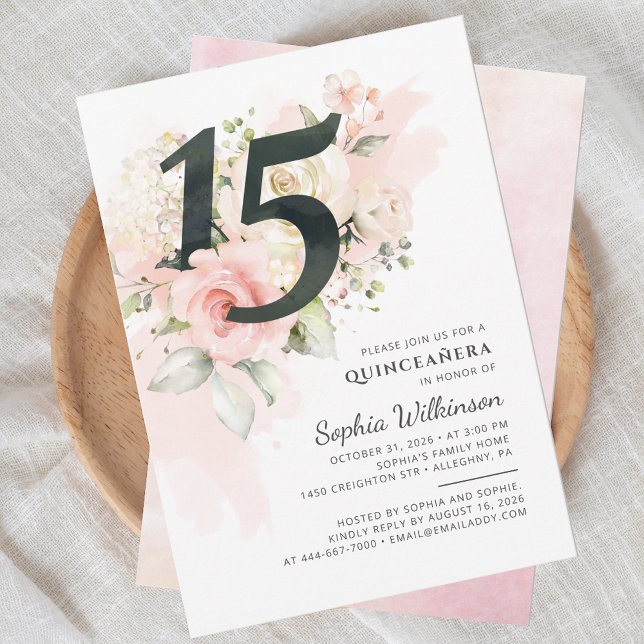 15th Birthday Quinceanera Rustic Floral Watercolor Invitation (Pink Floral Quinceanera 15th Birthday Party Invitation)