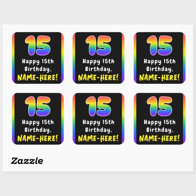 15th Birthday: Rainbow Spectrum # 15, Custom Name Square Sticker (Sheet)