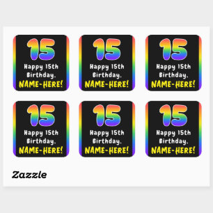 15th Birthday: Rainbow Spectrum # 15, Custom Name Square Sticker