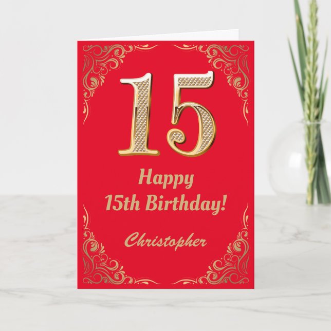 15th Birthday Red and Gold Glitter Frame Card (Front)
