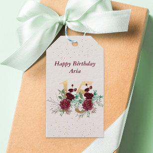 15th Birthday Red Roses Gold Floral Number 15 Gift Tags