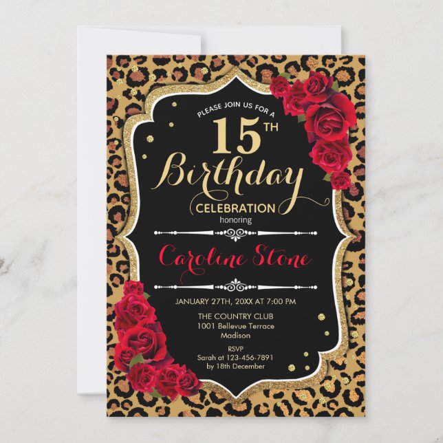 15th Birthday - Red Roses Leopard Print Invitation (Front)