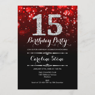 15th Birthday - Red Silver Invitation