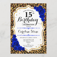 15th Birthday - Royal Blue Gold Leopard Print