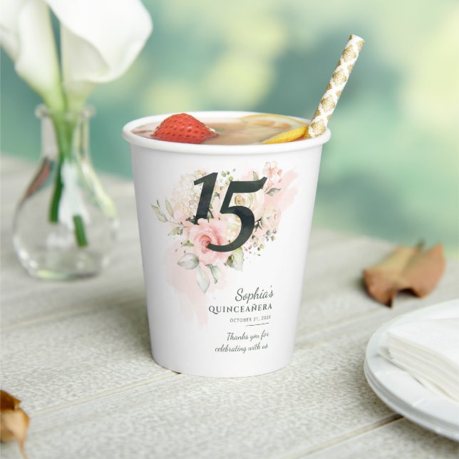 15th Birthday Rustic Floral Custom Quinceanera Paper Cups (Insitu)