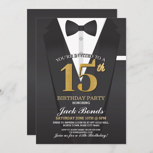 15th Birthday Spy Suit Black tie Gold Tuxedo Ball Invitation (Front/Back)