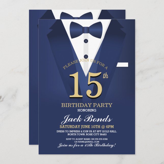 15th Birthday Spy Suit Black tie Gold Tuxedo Ball Invitation (Front/Back)
