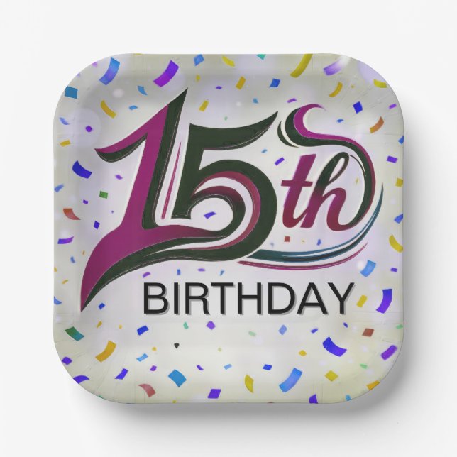 15th Birthday Text With Party Confetti Paper Plate (Front)