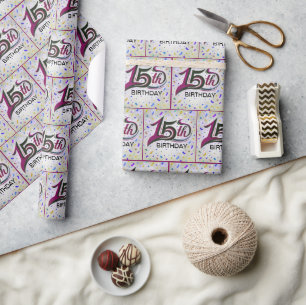 15th Birthday Text With Party Confetti Wrapping Paper