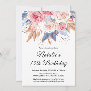 15th Birthday Watercolor Botanical Floral Flowers Invitation